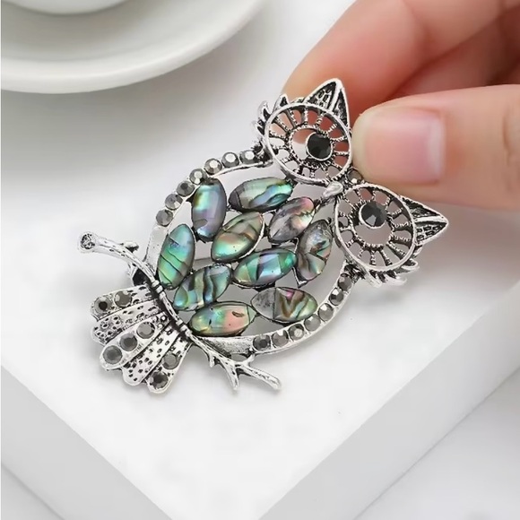 🦉 Silver Owl Brooch with Crystals &  Abalone Accents 🦉 - Picture 5 of 7